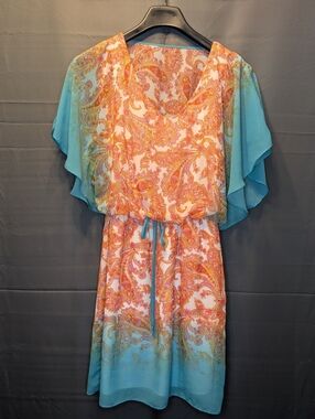 Bisou Bisou Coral and Aqua Paisley Flutter Dress